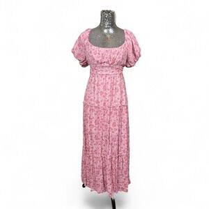 Francesca's Pink‎ Milkmaid Puff Sleeve Floral Maxi Dress Large Cottagecore Party